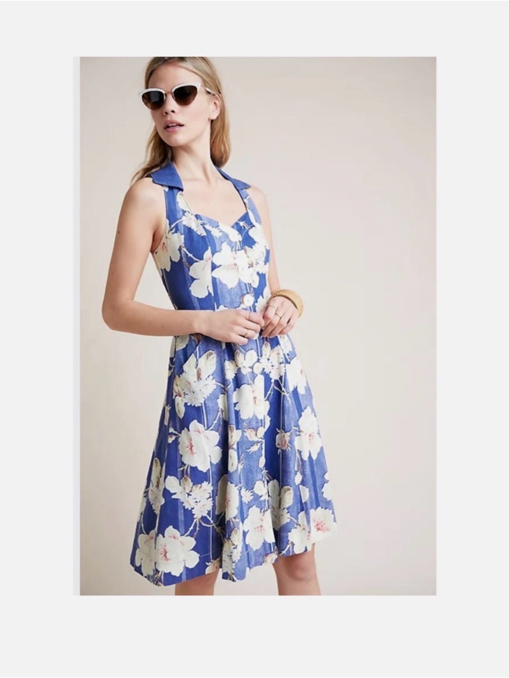 Anthropologie Blue Floral Halter Midi Dress